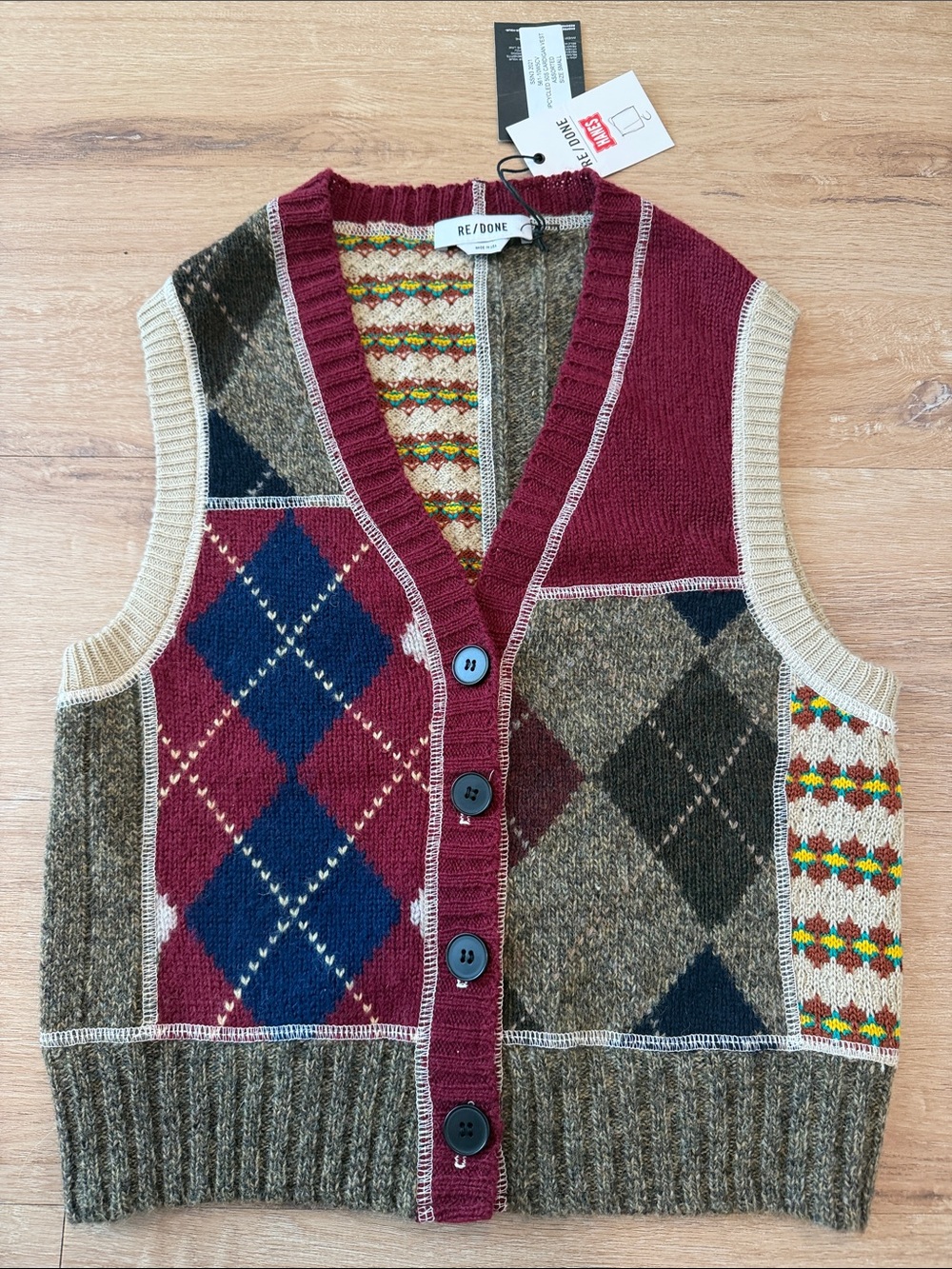 RE/DONE Upcycled 50s Patchwork Cardigan Vest Size Small NWT
